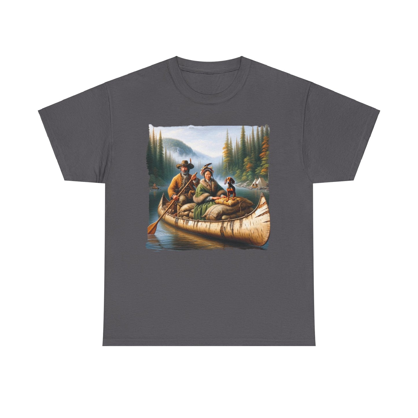 Adventure Awaits: Mountain Couple and Weiner Dog Canoe Trip T-Shirt